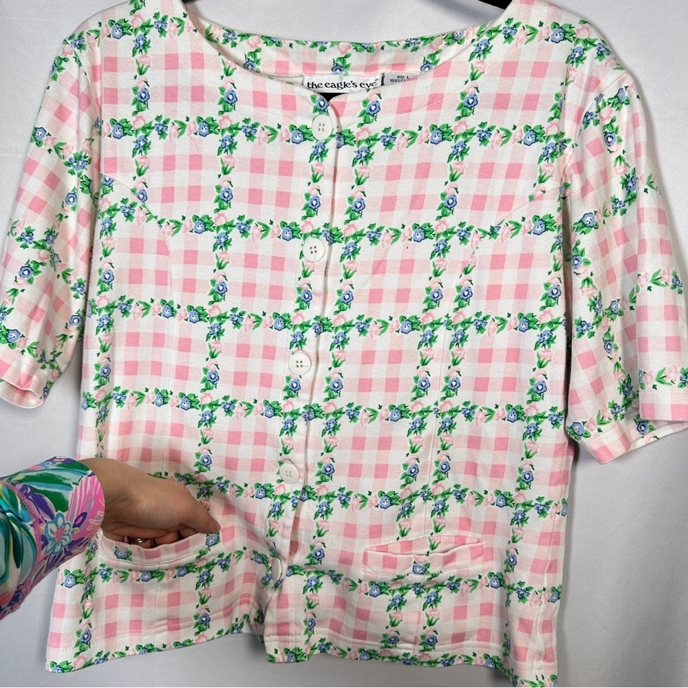 Eagle's Eye Vintage Pink Gingham Floral Button Front Top Women's L - Picture 8 of 12